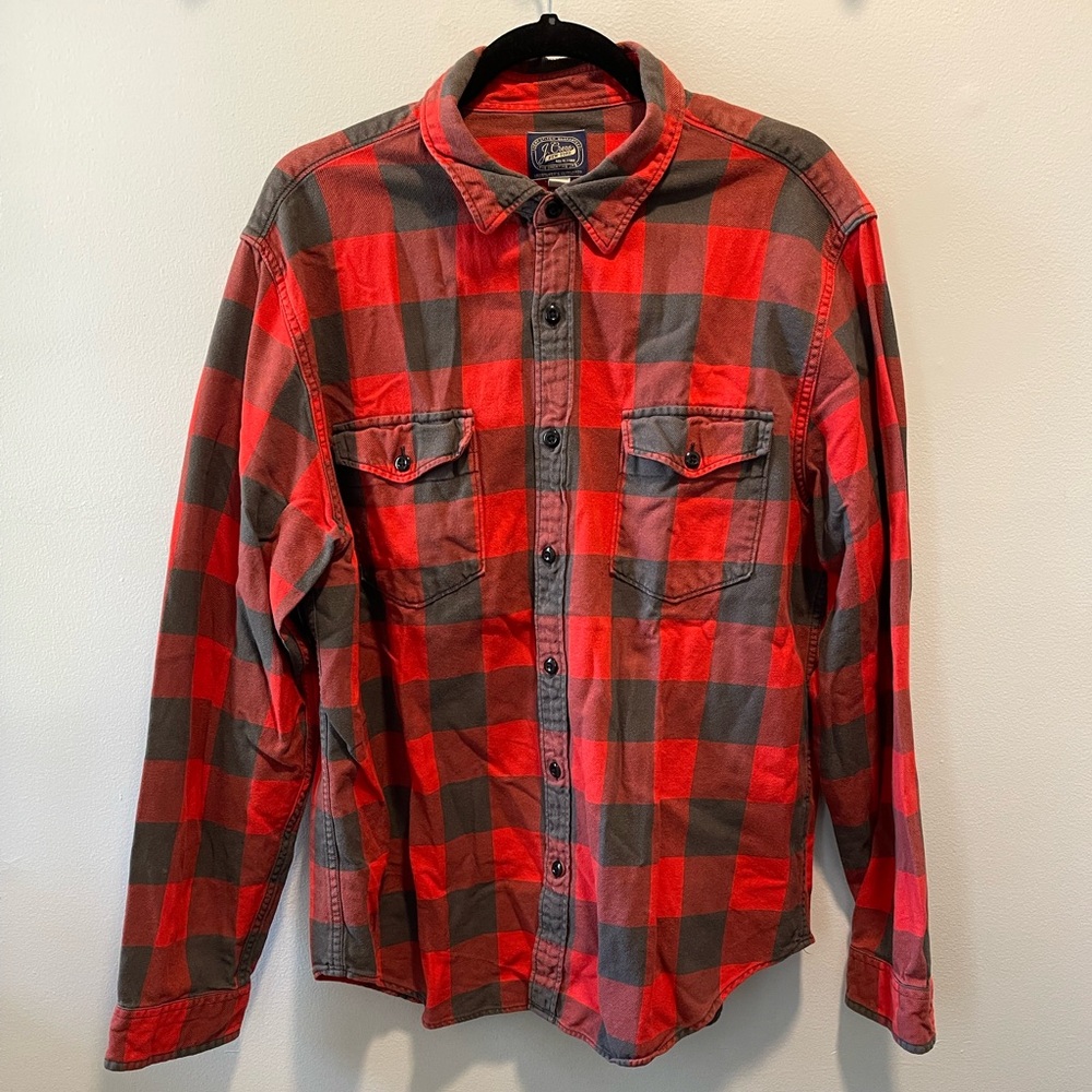 J Crew Flannel Mens XL Gray Red Check Sportsmen Outdoor Button Up Shirt